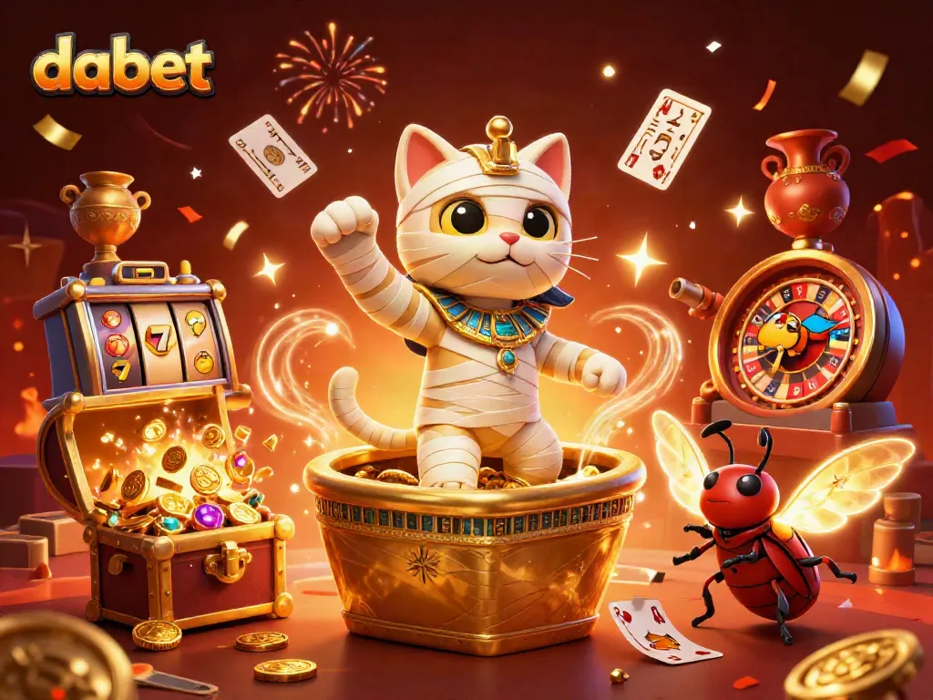 Experience thrilling wins at DABET with vibrant casino action featuring a mummy cat and gold treasures.