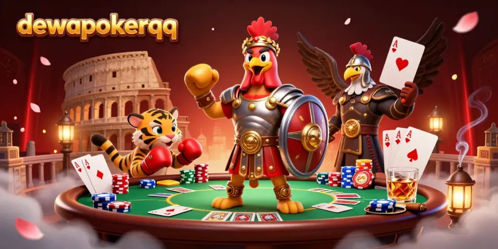Engage in exciting poker action with dewapokerqq, featuring a gladiator rooster and dynamic casino elements.