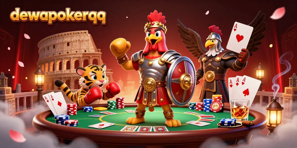 Engage in exciting poker action with dewapokerqq, featuring a gladiator rooster and dynamic casino elements.