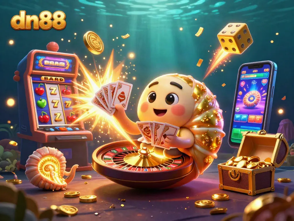 Win big at dn88 with this vibrant 3D casino scene featuring a glowing nautilus roulette and slot elements.