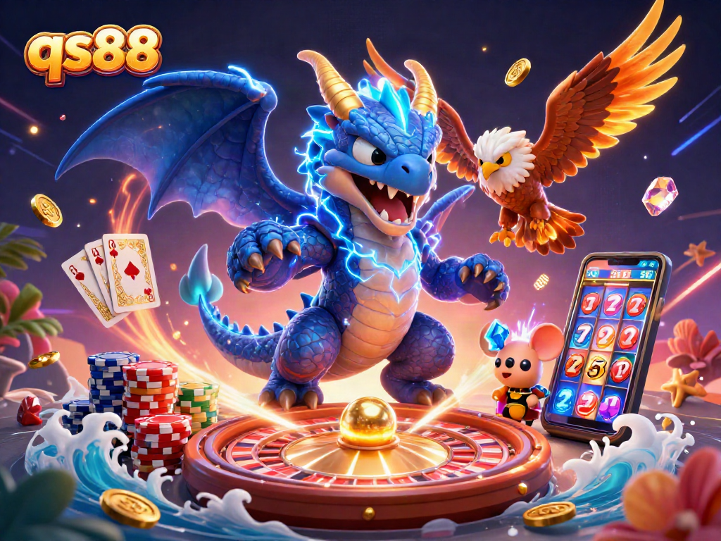 Experience excitement at qs88 with dynamic casino action and 3D characters amidst cascading coins.