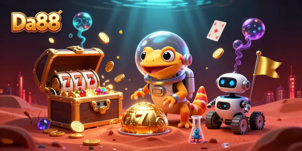 Experience the thrill of Da88's casino adventure with a lively Martian gecko amidst gold treasures and vibrant game elements.