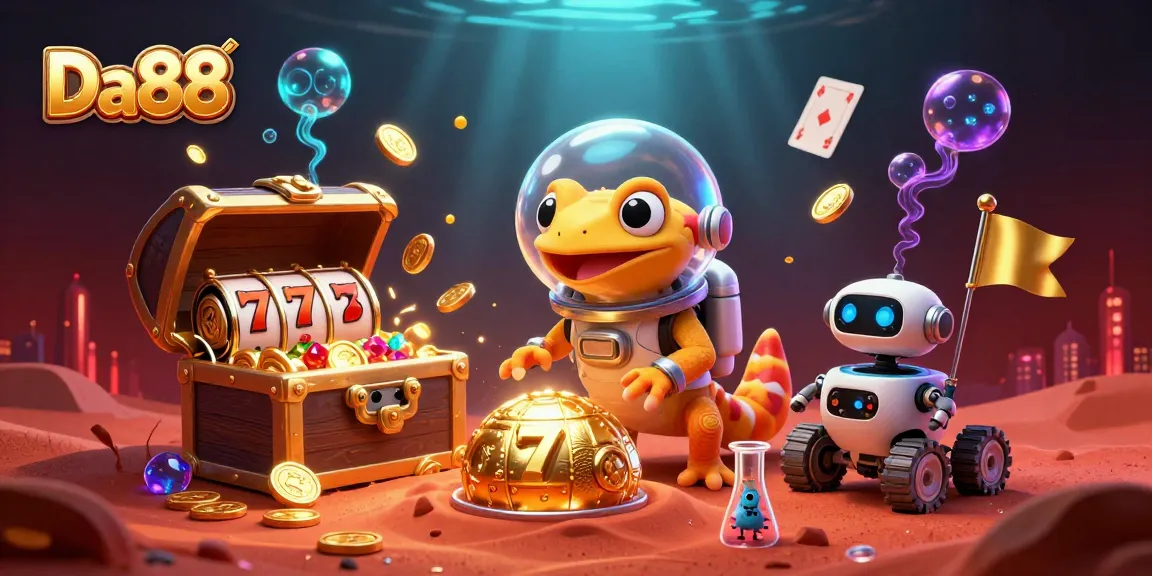Experience the thrill of Da88's casino adventure with a lively Martian gecko amidst gold treasures and vibrant game elements.