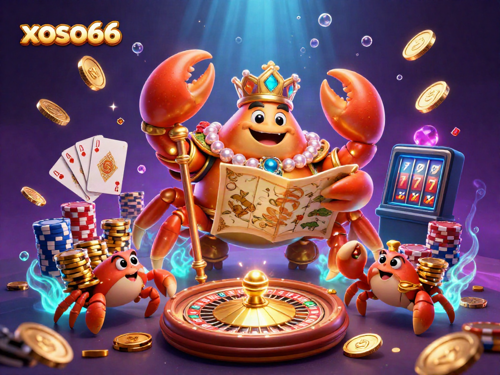 Xoso66 offers a vibrant casino experience with golden crab emperor and treasure-themed elements.