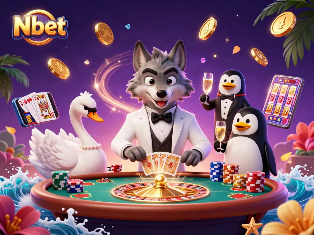 Nbet showcases an exciting 3D casino scene featuring animated characters at a baccarat table, surrounded by vibrant casino elements.