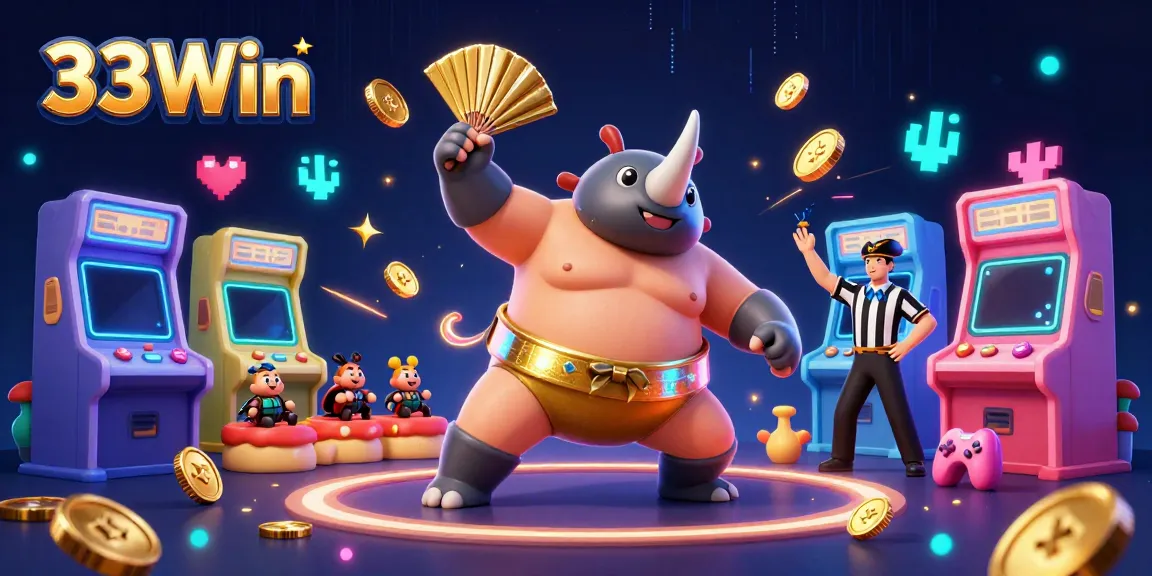 33Win features a vibrant 3D casino scene with a sumo beetle champion and game elements.
