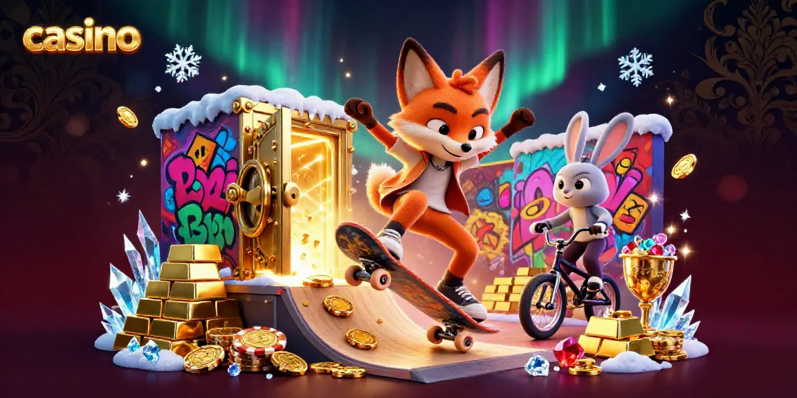 A cartoon fox performs a kickflip over golden poker chips in a vibrant casino scene.