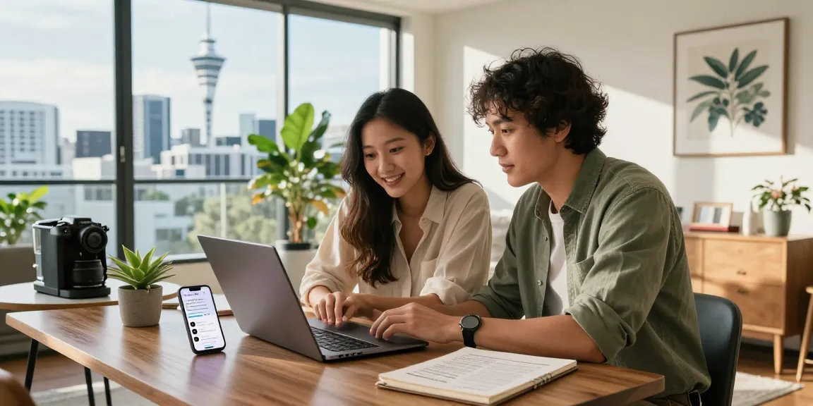 Engaged couple reviewing Airbnb co-host services Auckland in their stylish living room with a city view.