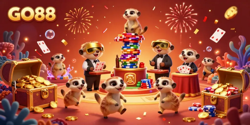 Experience the thrilling atmosphere of GO88 with meerkat dealers and vibrant casino elements.