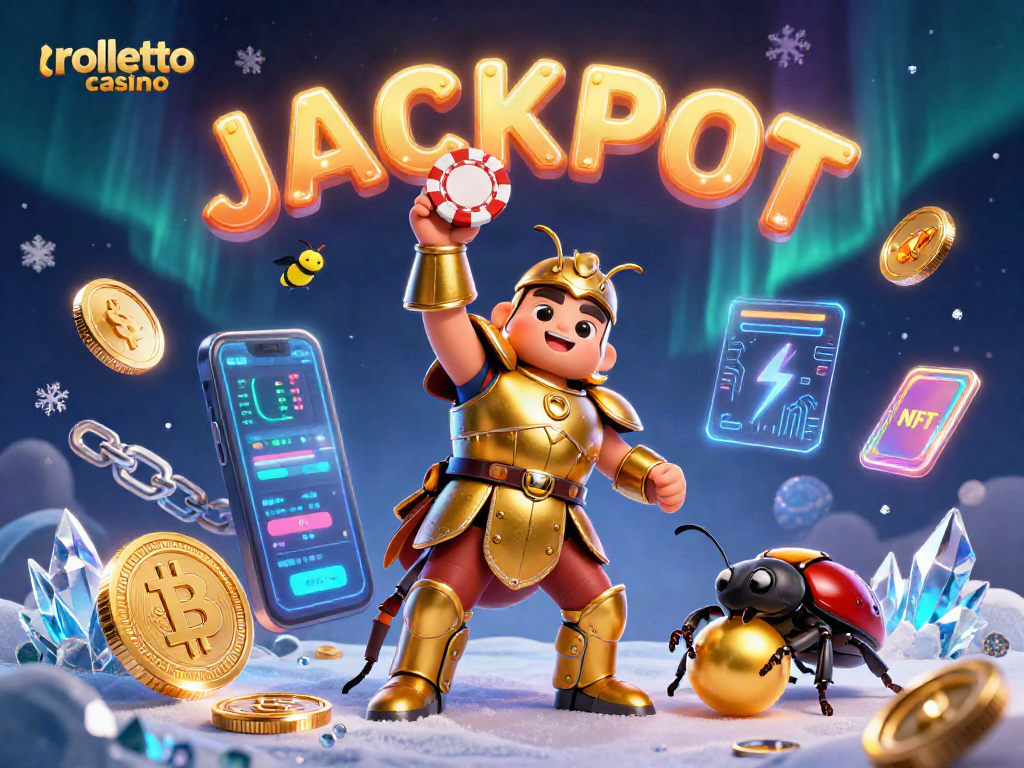 Experience rolletto casino with a vibrant illustration featuring a heroic beetle celebrating a jackpot.