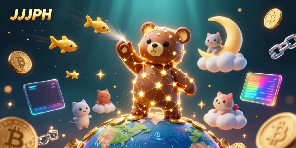 Engage with JJJPH, a vibrant casino atmosphere illustrated by a constellation bear scooping up coins.