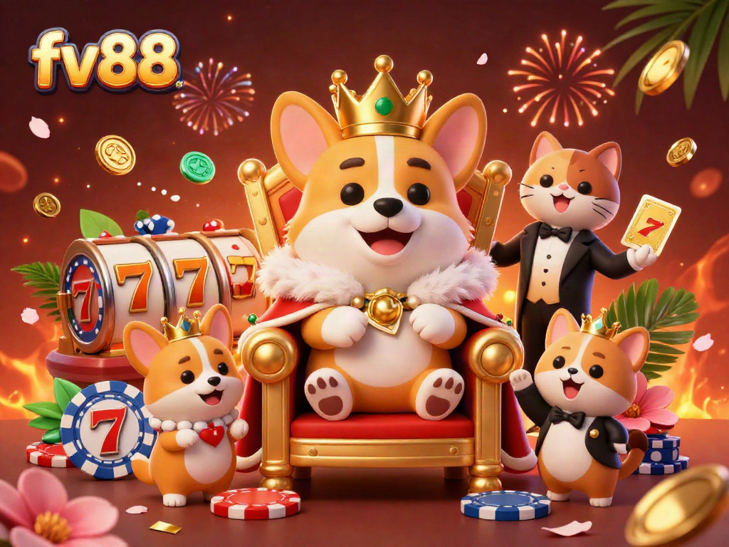 Experience vibrant gaming action at fv88 com with a royal corgi and dynamic casino elements.