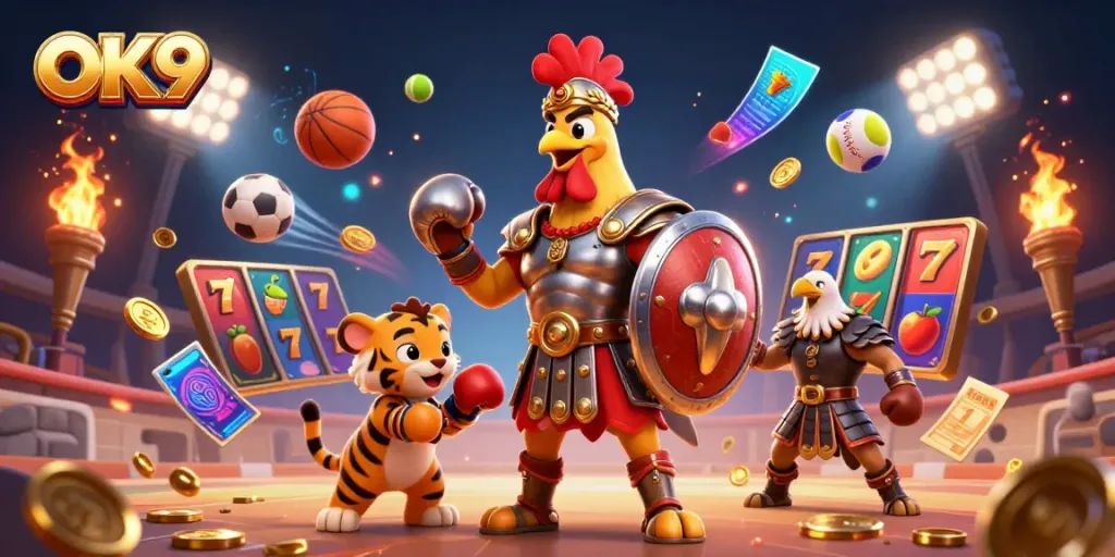 OK9 showcases a vibrant casino scene with a gladiator rooster, tiger cub, and eagle, surrounded by dynamic game elements.