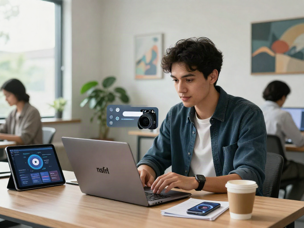 Young professional participating in an nsfw AI chat in a modern office.
