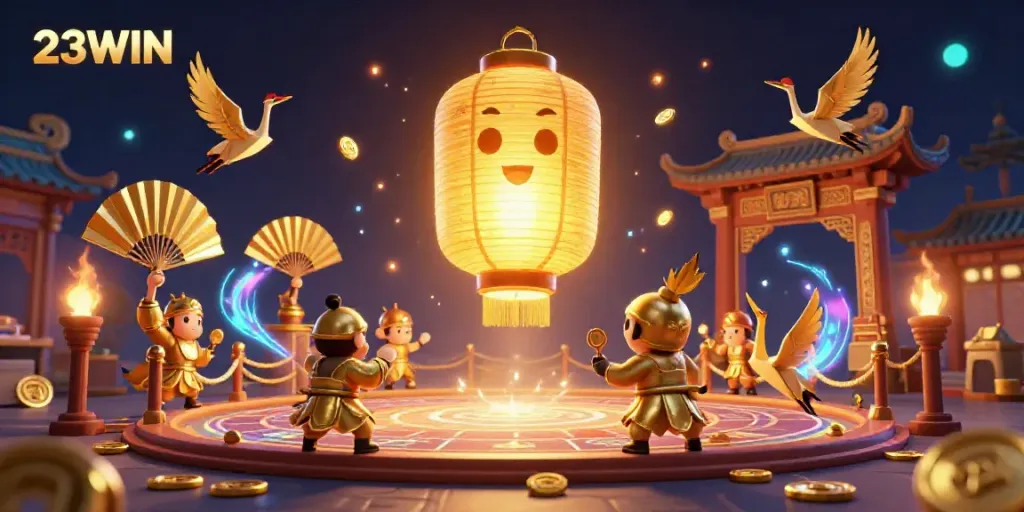 Experience the thrilling world of 23WIN with vibrant casino elements and magical characters in a dynamic scene.