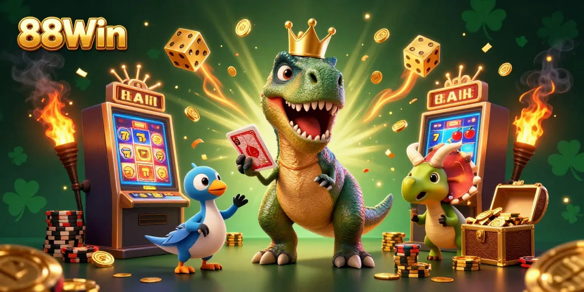 Experience 88Win's vibrant casino scene with T-Rex card shuffling and golden chips stacking.
