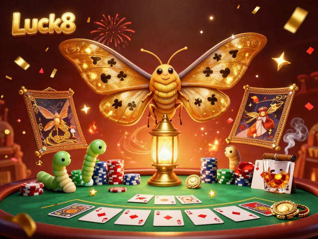 Experience the vibrant scenes of Luck8 casino gameplay with a colorful poker atmosphere, featuring dynamic characters and festive elements.