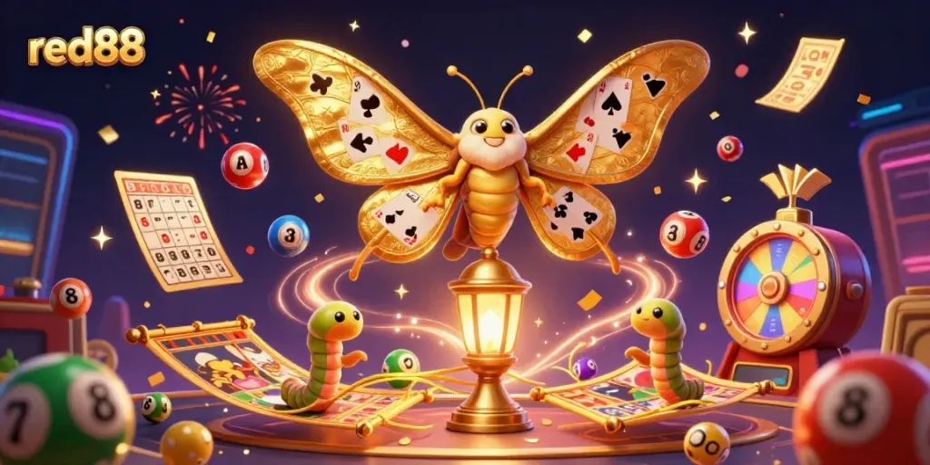 Engage in exciting gambling with red88, witnessing a vibrant illustration of casino delight and colorful lottery elements.