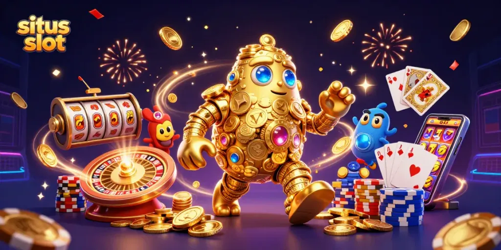 Engaging illustration of situs slot dynamics featuring a golden golem, casino elements, and festive effects.