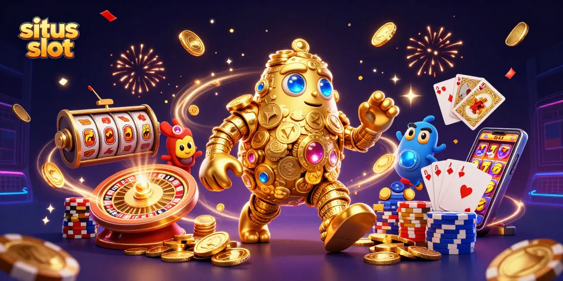 Engaging illustration of situs slot dynamics featuring a golden golem, casino elements, and festive effects.