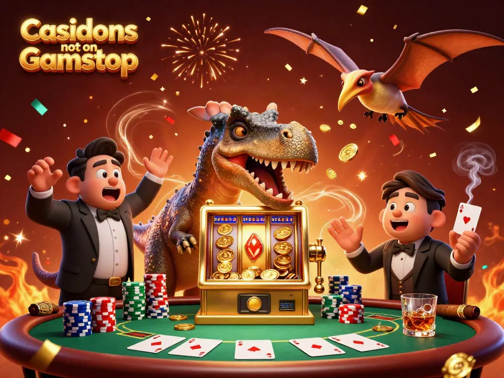 Experience the thrill of casinos not on Gamstop with a cartoon dino jackpot scene.