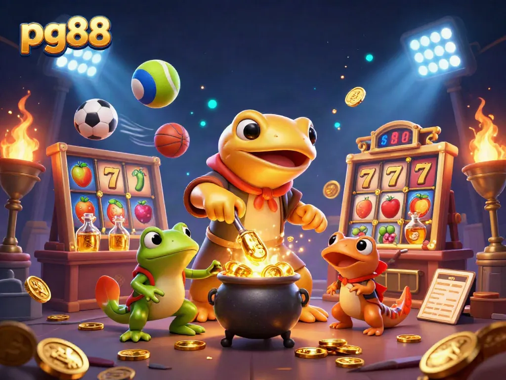 pg88 slots and rewards come alive in this vibrant 3D casino illustration featuring alchemy and sports.