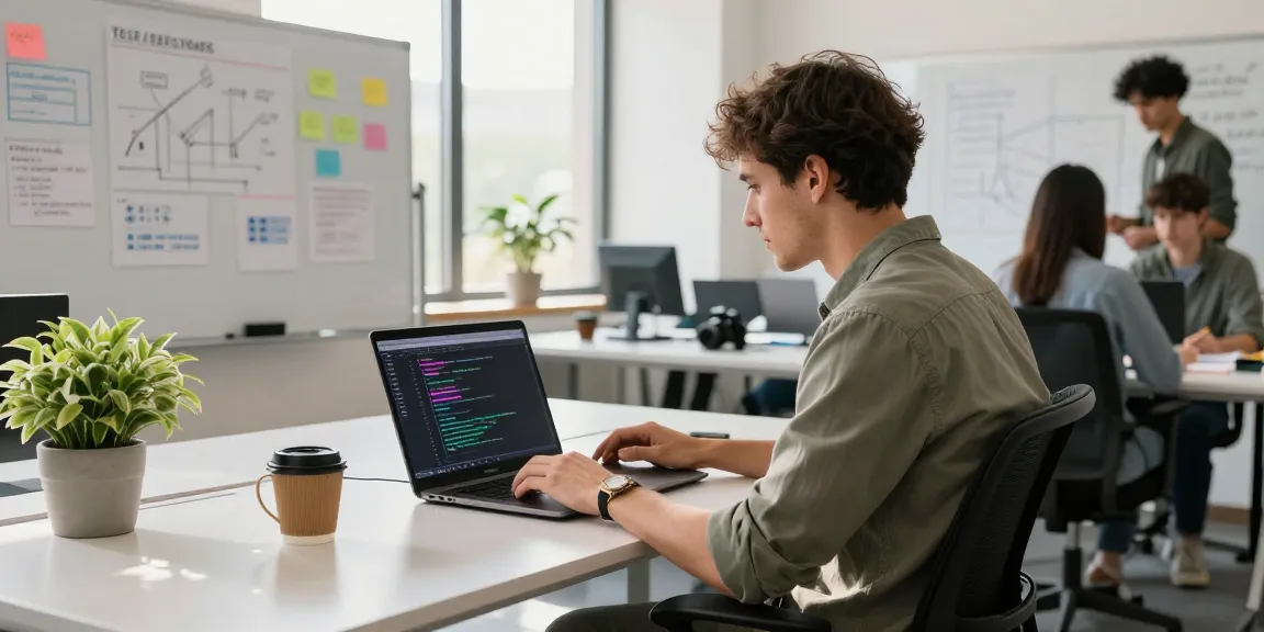 Engineer coding software to build internal tools with AI in a modern office setting.
