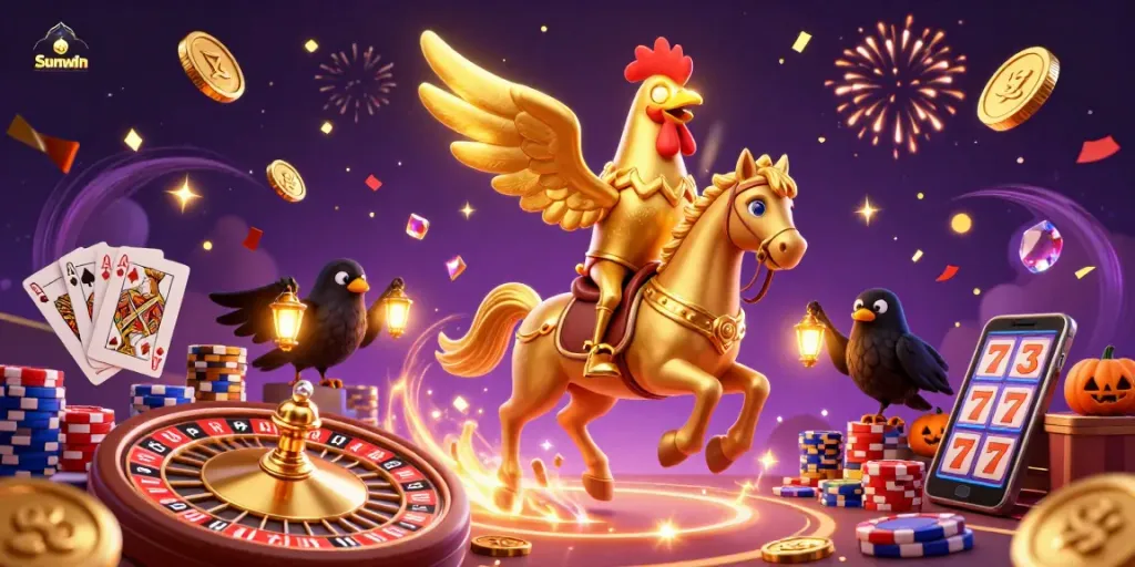 Experience thrilling wins at Sunwin Casino with 3D illustrations of golden rooster and exciting games.