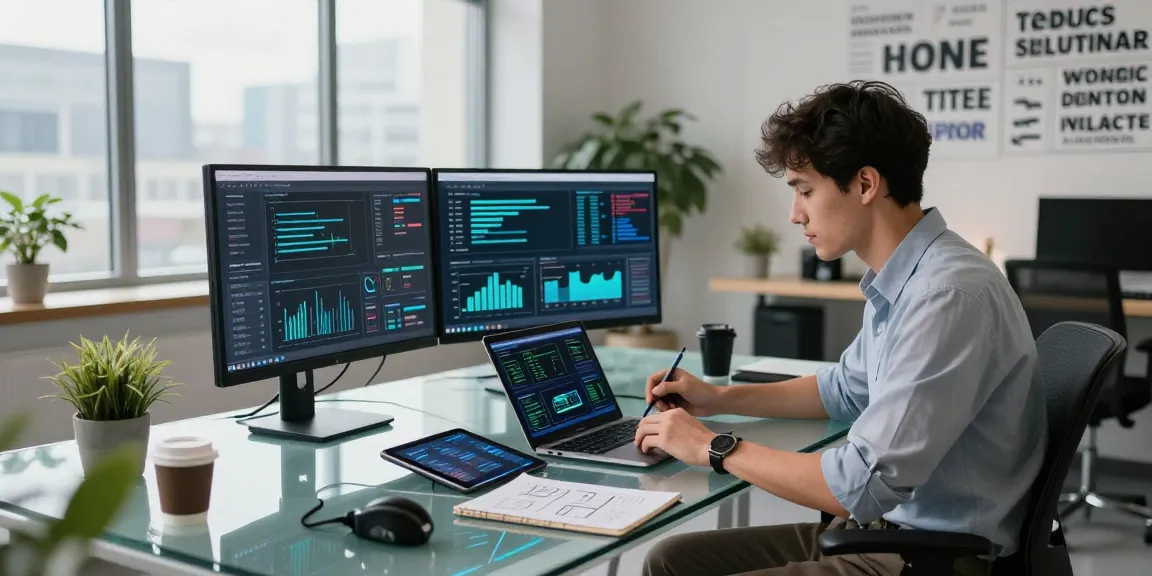Young professional using an AI laptop in a modern tech workspace with dual monitors.