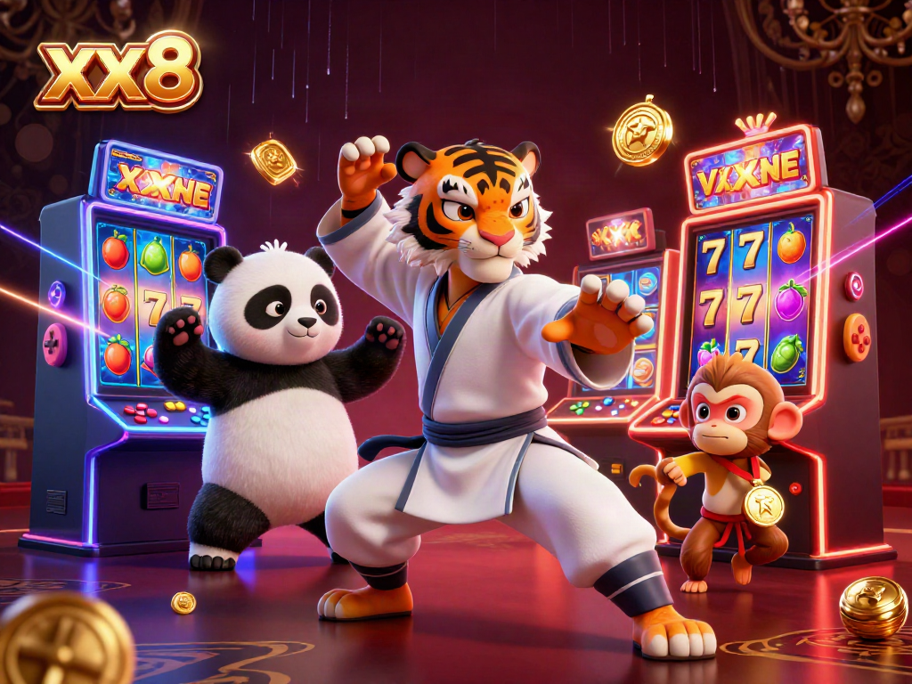 Engaging illustration featuring xx8 with a kung fu tiger master, panda disciple, and monkey student amidst slot machines.