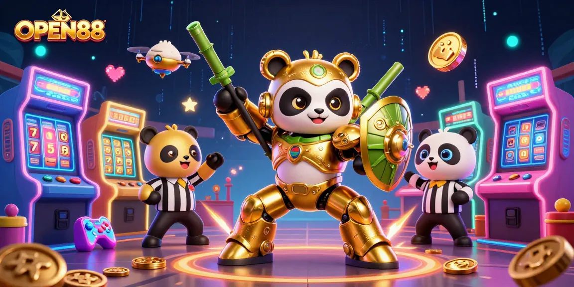 Open88 introduces a thrilling dynamic gaming scene with characters battling for jackpots amidst electric energy.