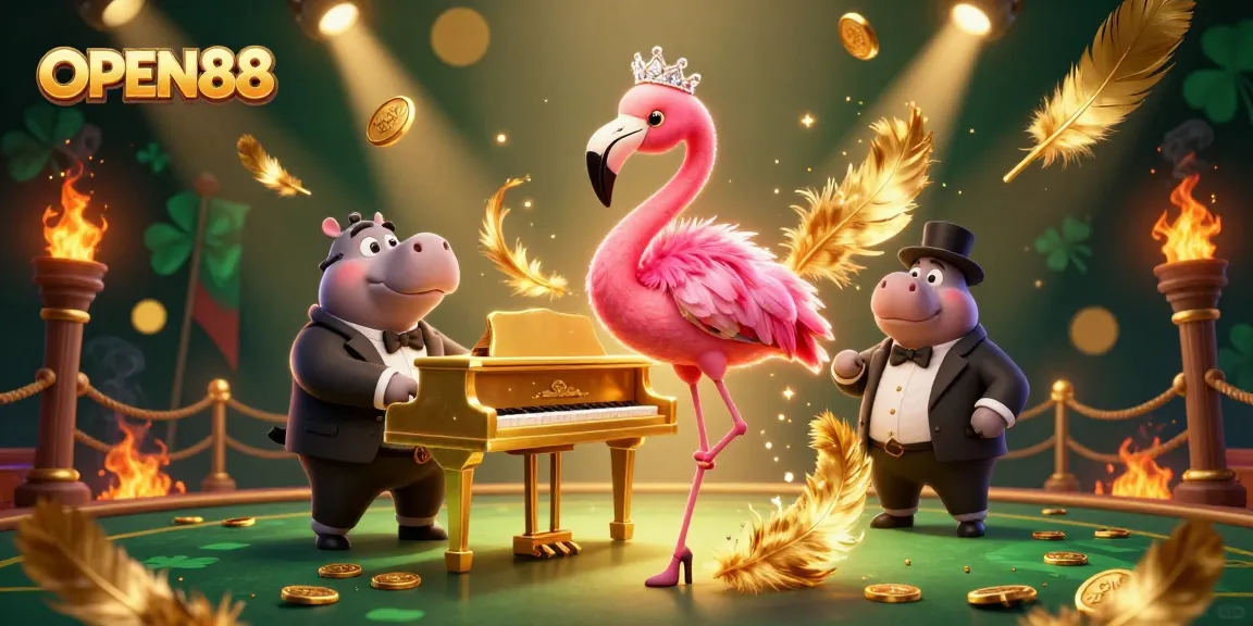 Experience the excitement of OPEN88 with a vibrant casino scene featuring a flamingo singer, hippo bassist, and dynamic game elements.