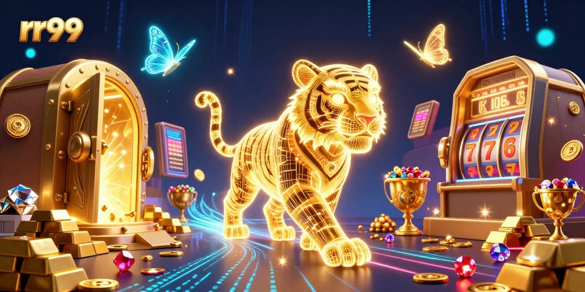Experience the excitement of rr99 with a golden tiger in a vibrant casino scene filled with treasures and gaming elements.