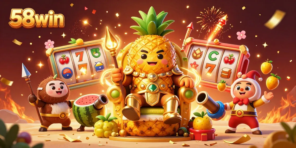 Experience thrilling slots action with 58win in an illustrated seaside casino featuring a golden pineapple king.