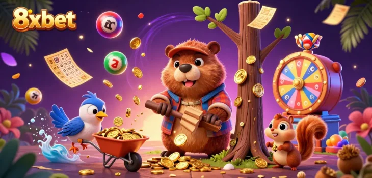 Engage with 8xbet in a vibrant casino-themed illustration featuring a beaver, bird, and squirrel amid golden coins and dynamic lottery elements.