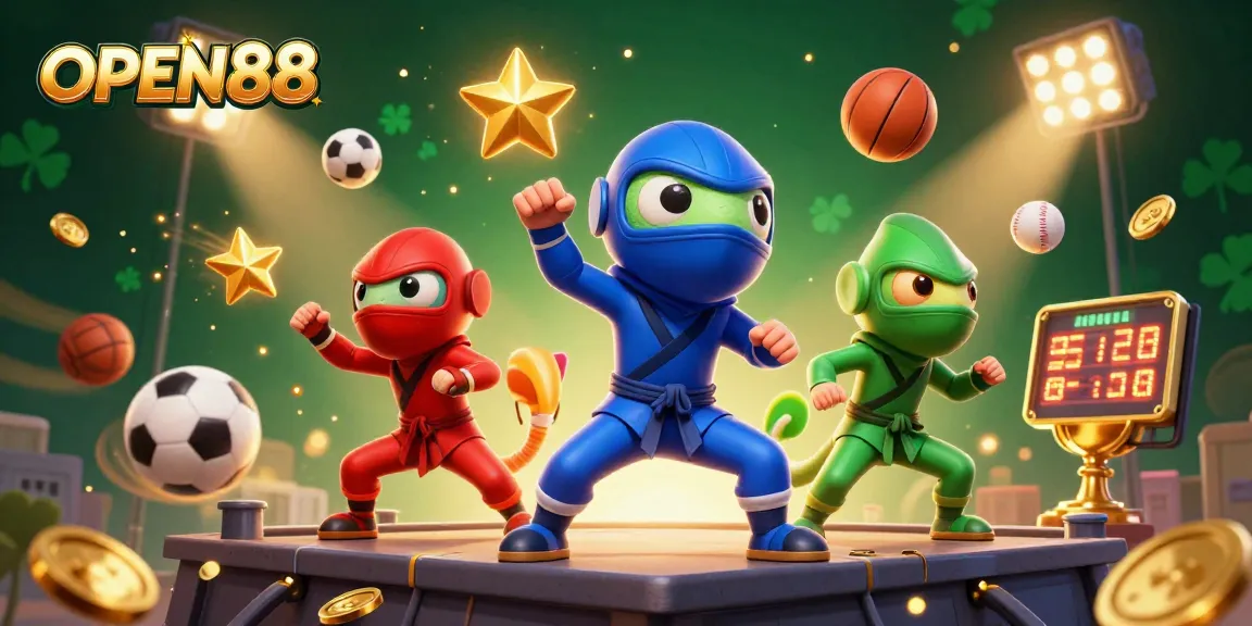 Join the action at OPEN88 with 3D chameleon ninjas showcasing excitement in this vibrant casino scene.