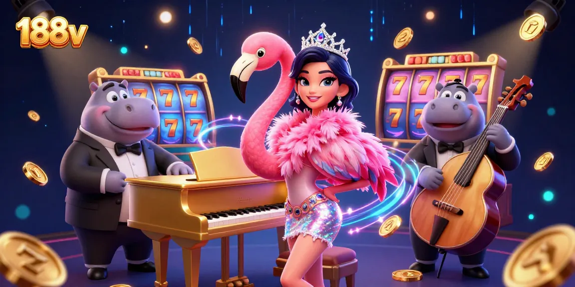 Experience the excitement at 188v with dynamic slots and vibrant casino elements in a colorful illustration.