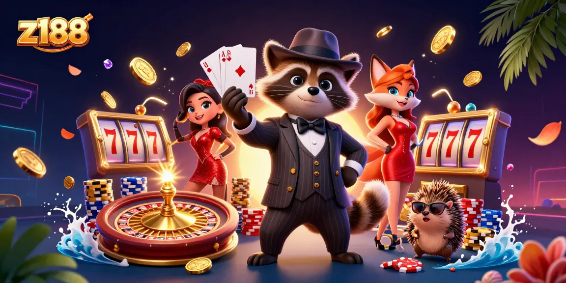 Experience thrilling gaming with z188, featuring animated raccoon and fox characters amidst vibrant casino elements.