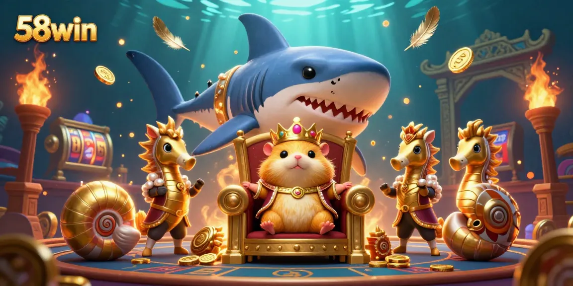Engage in the thrilling gambling experience of 58win with the fierce hamster king and vibrant casino elements.