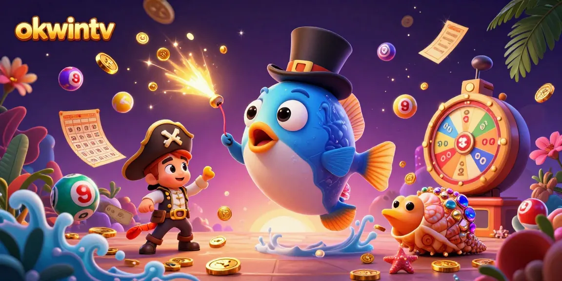 Experience the excitement of okwintv with vibrant lottery balls and casino treasures in a dynamic illustration.