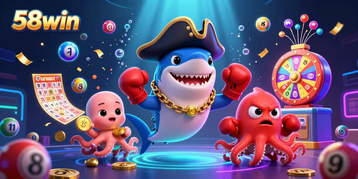 Experience the excitement of 58win with lively cartoon characters and dynamic gaming elements in a colorful casino scene.