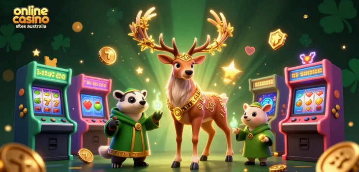 Discover top online casino sites Australia with vibrant game elements and friendly characters in a lively 3D scene.