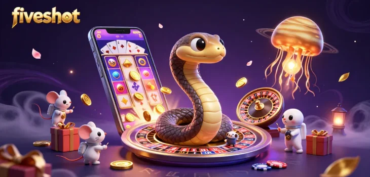 Experience thrilling gaming with fiveshot's vibrant casino atmosphere and unique characters.
