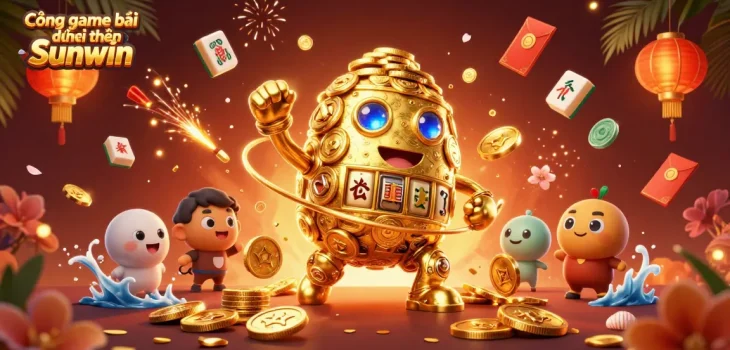 Experience the excitement with Cổng game bài đổi thưởng Sunwin, featuring a golden golem and festive elements.