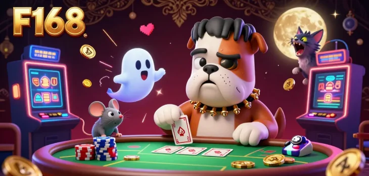 Play thrilling games at F168, where a Frankenstein bulldog deals cards amidst a lively casino atmosphere.
