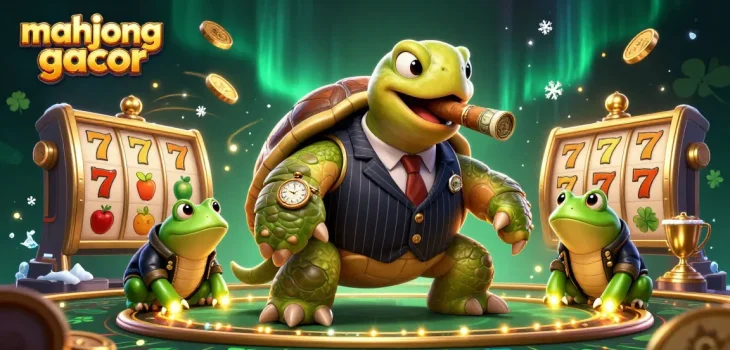 Engage with mahjong gacor at BANDAR MAHJONG featuring a lively 3D cartoon turtle in a mob suit.