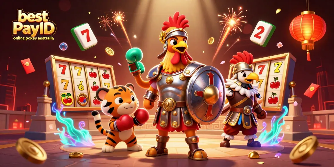 Engage with the best PayID online pokies Australia in a vibrant casino scene featuring unique characters and game elements.