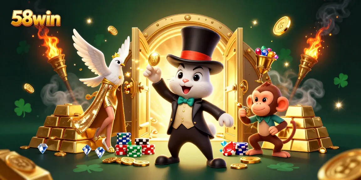 Engage with thrilling moments at 58win, featuring a magician rabbit, coins, and casino treasures.