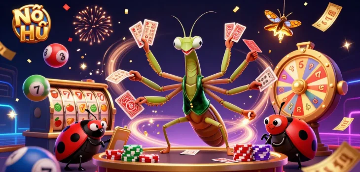 Nổ Hũ spins fast-paced slot reels and lottery excitement with dynamic characters and colorful elements.