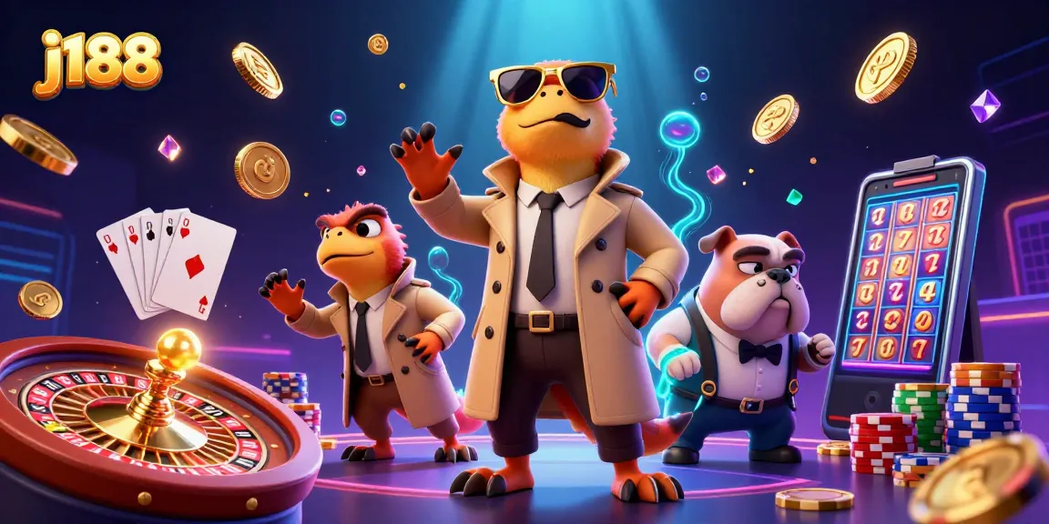 Experience j188 excitement with raptors in a trench coat entering a VIP casino scene packed with gaming elements.